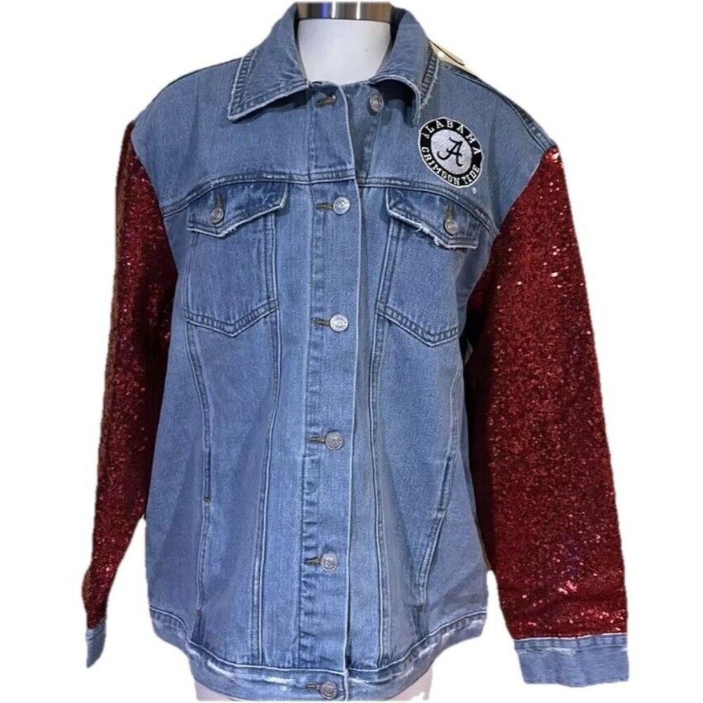 ALABAMA CRIMSON ROLL TIDE Denim Jean Jacket Red Sequins Wild Collective New M